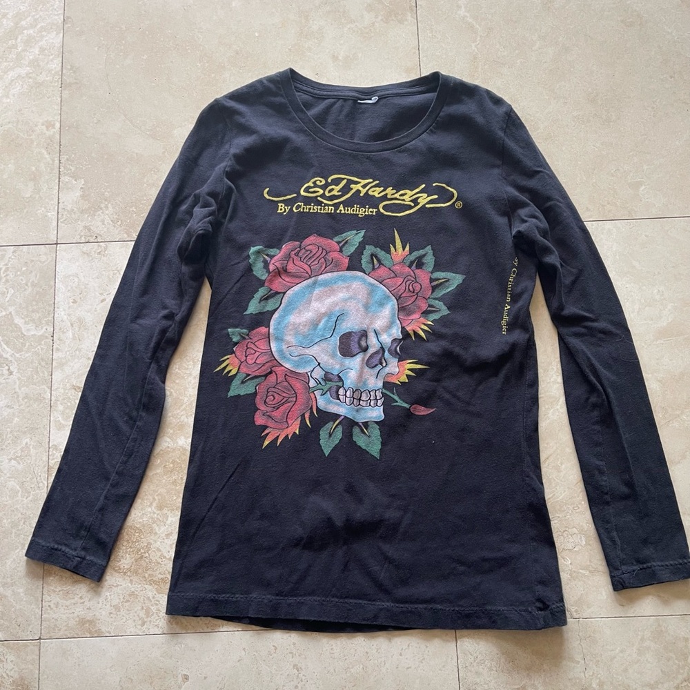 Ed Hardy Vintage Womens Black Skull & Rose Graphic Shirt